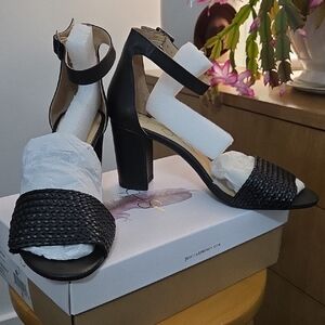 Leather. Open Toe. Ankle Strap. 3.5 Inch Heel